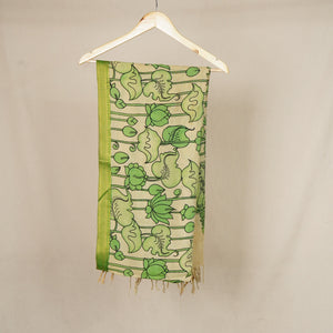 Beige & Green Pen Kalamkari Cotton Silk Dupatta