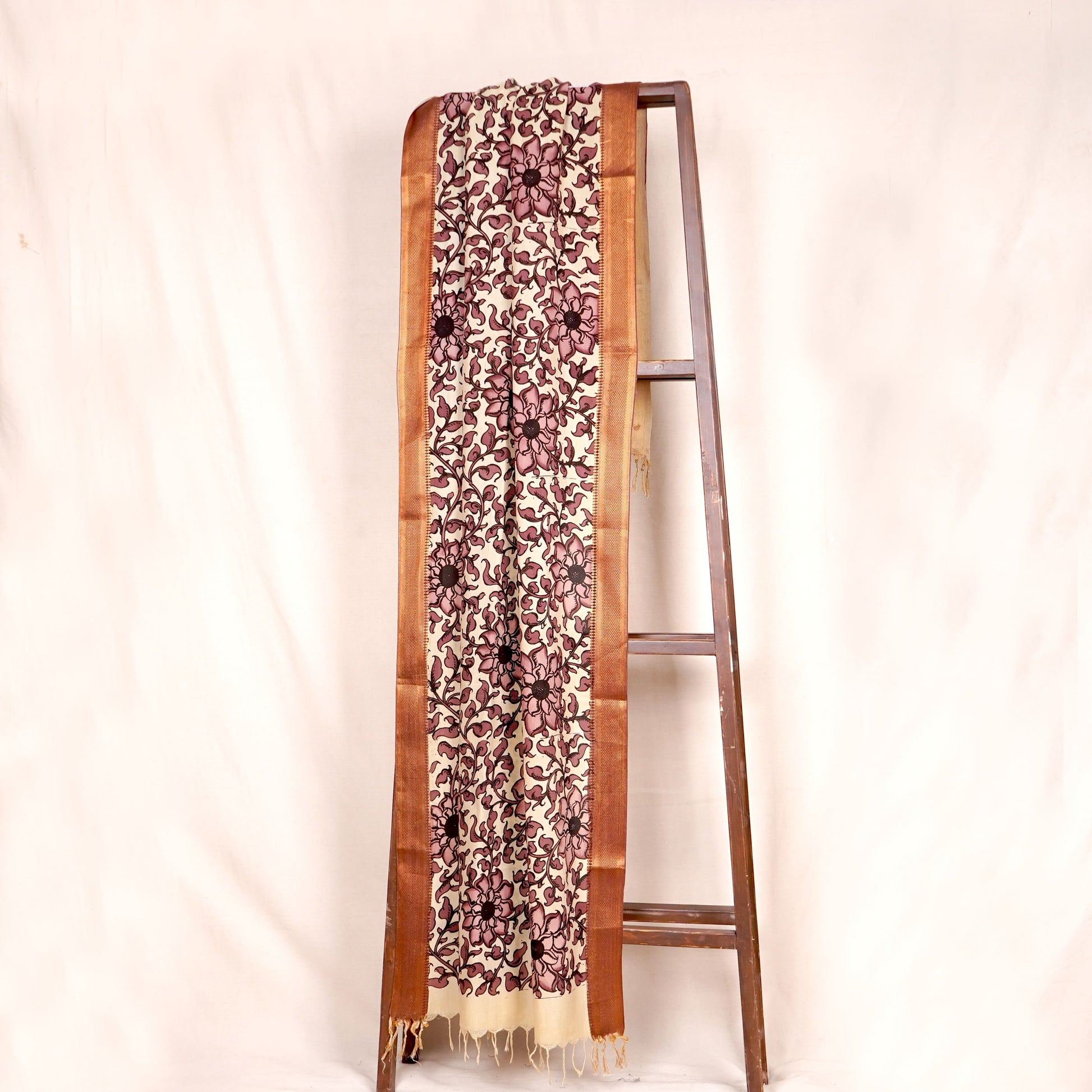 Beige & Brown Pen Kalamkari Cotton Silk Dupatta