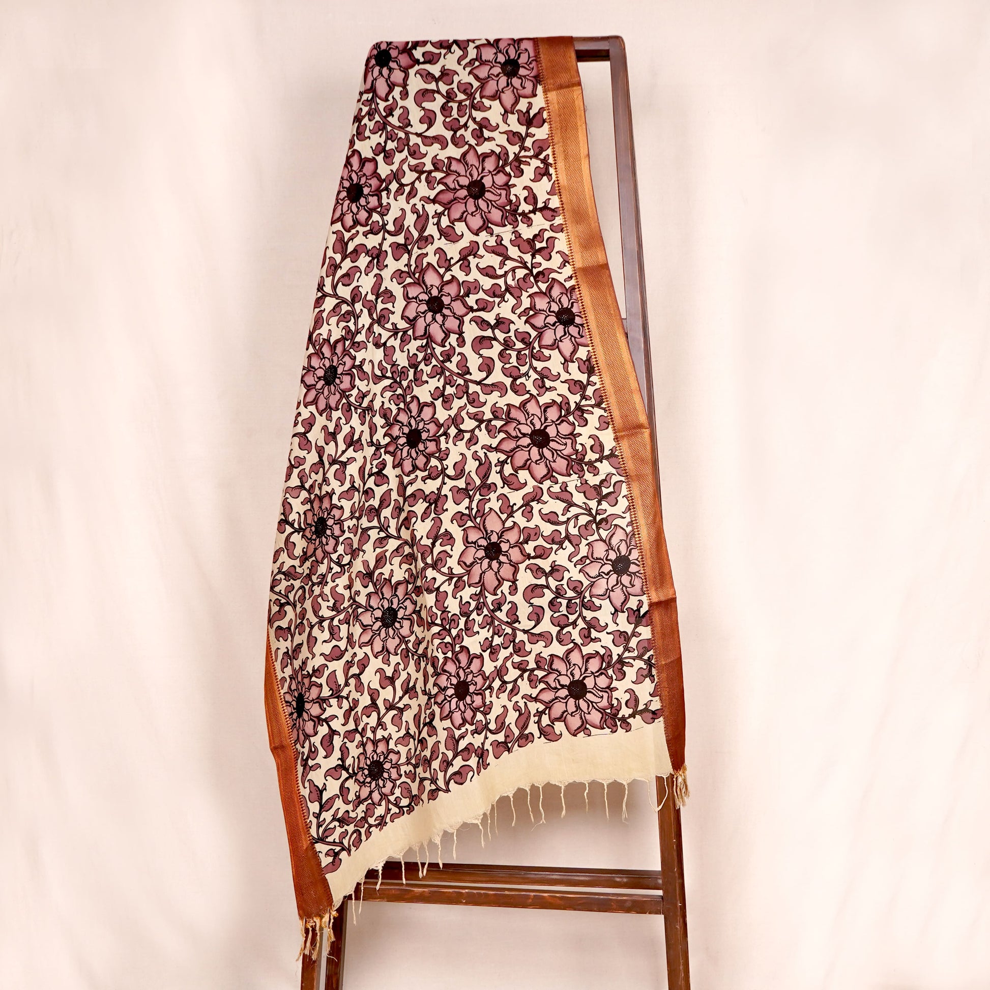 Beige & Brown Pen Kalamkari Cotton Silk Dupatta