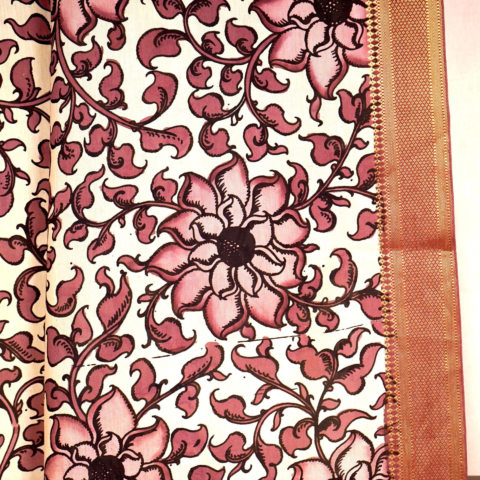 Beige & Brown Pen Kalamkari Cotton Silk Dupatta