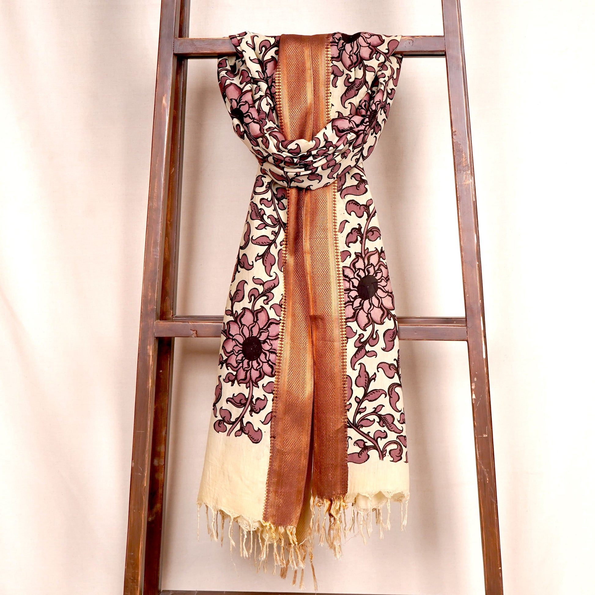 Beige & Brown Pen Kalamkari Cotton Silk Dupatta