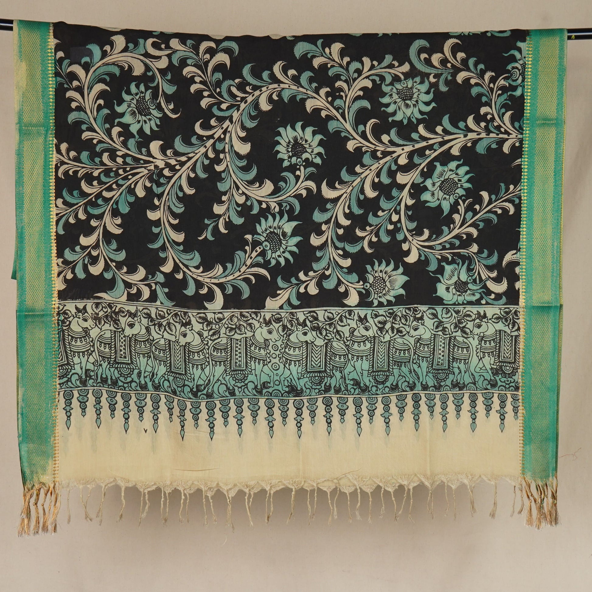 Black & Green Pen Kalamkari Cotton Silk Dupatta