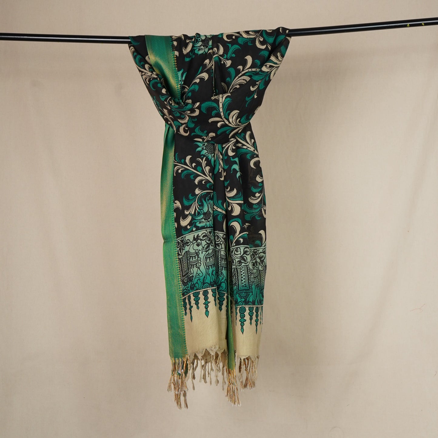 Black & Green Pen Kalamkari Cotton Silk Dupatta