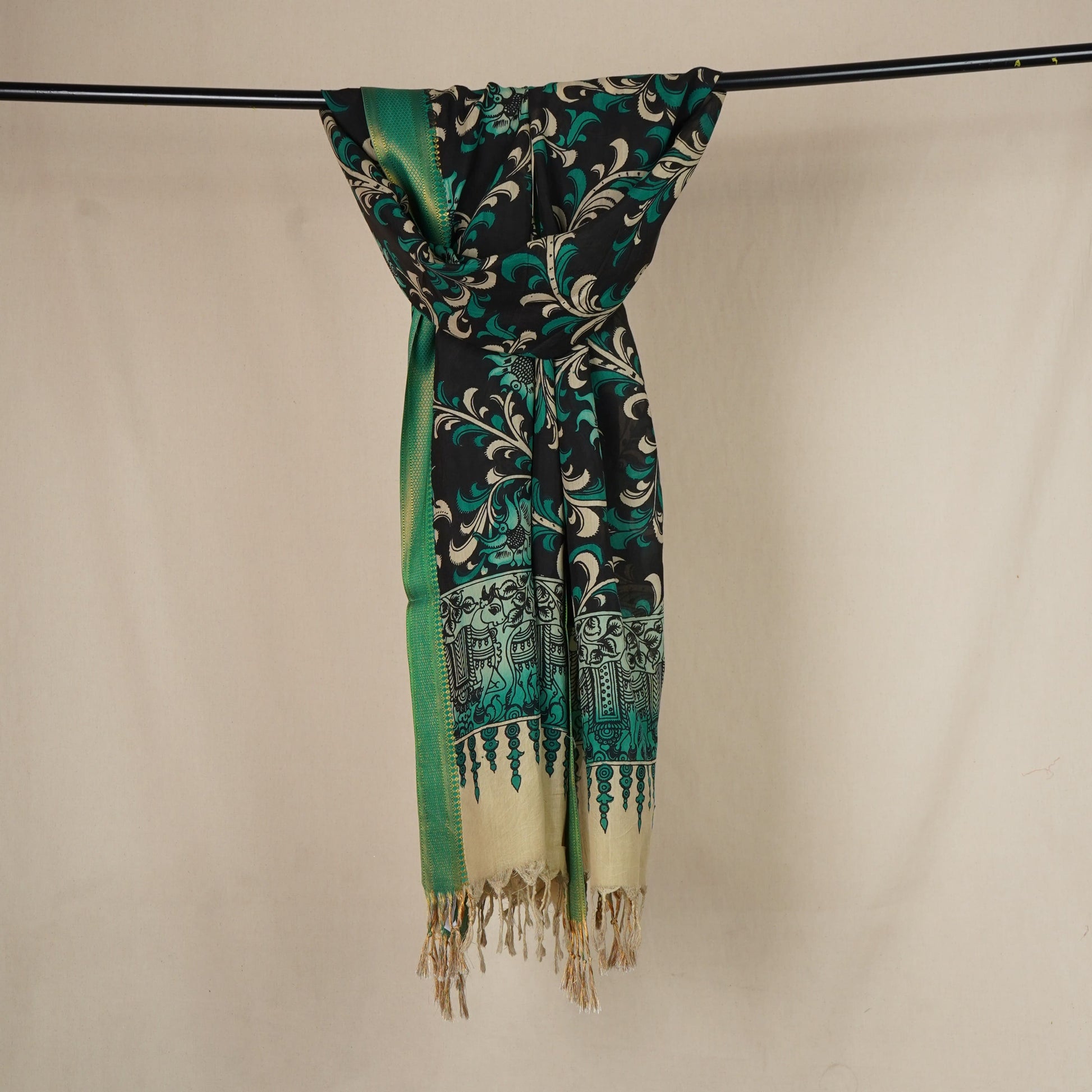 Black & Green Pen Kalamkari Cotton Silk Dupatta