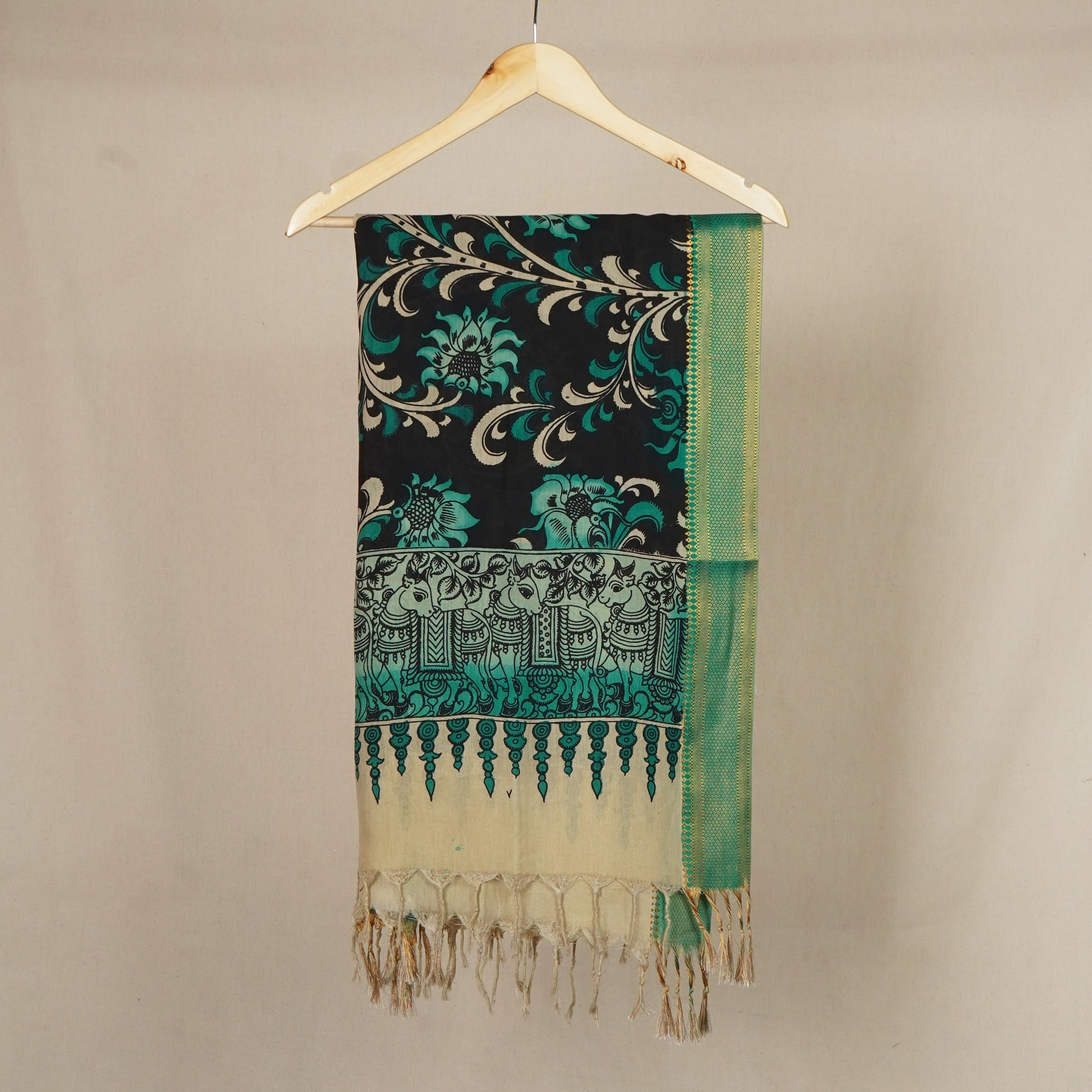 Black & Green Pen Kalamkari Cotton Silk Dupatta