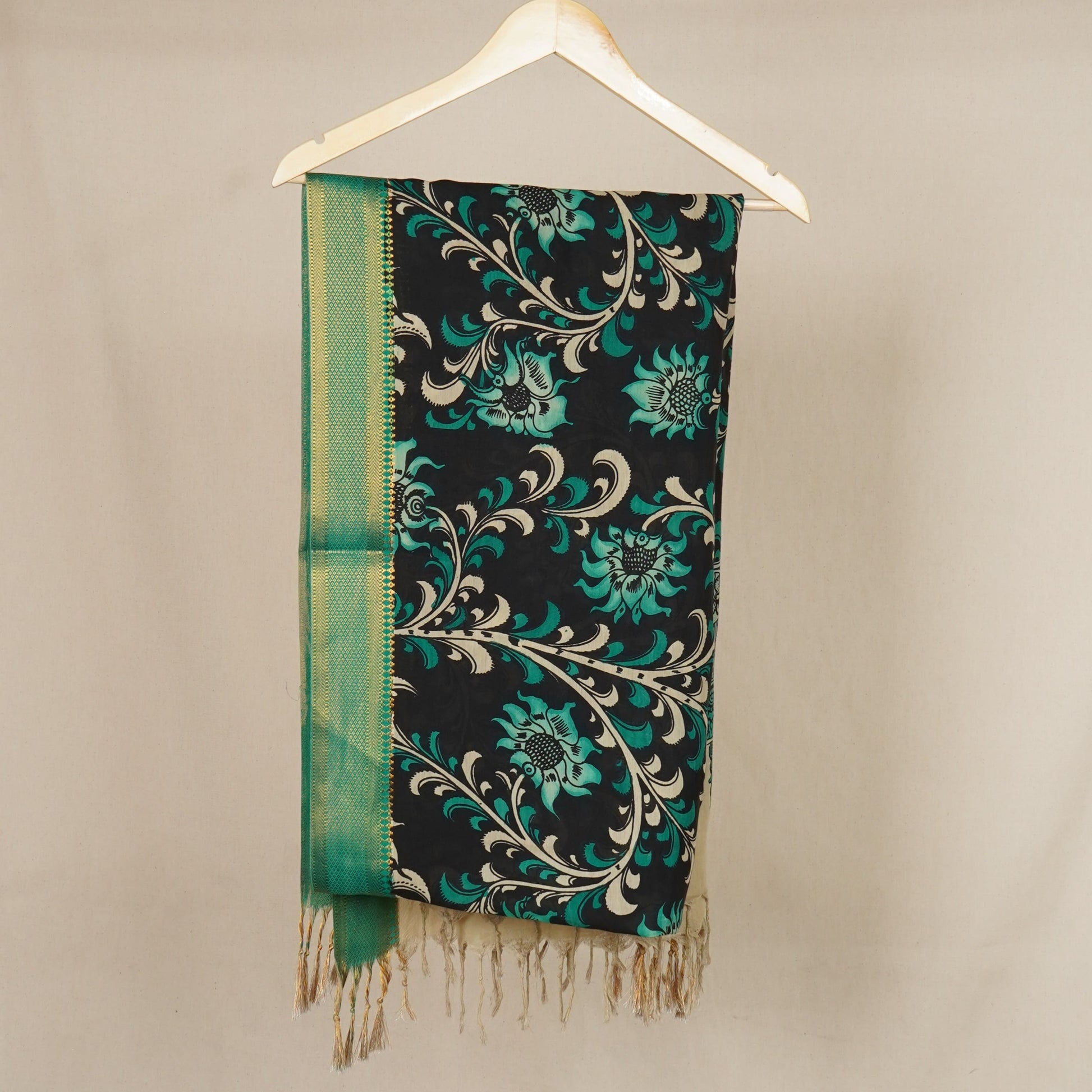Black & Green Pen Kalamkari Cotton Silk Dupatta