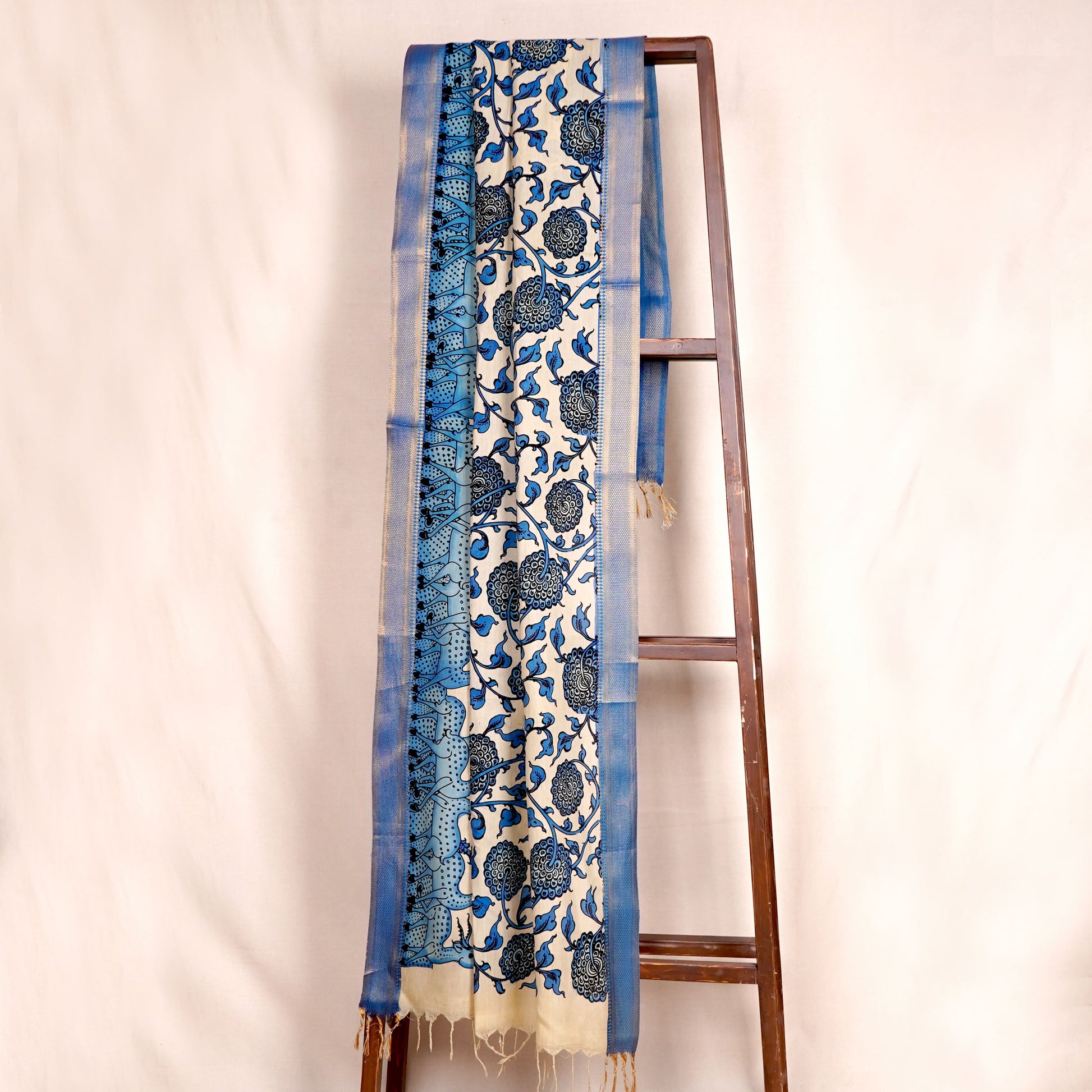 Blue Pen Kalamkari Cotton Silk Dupatta