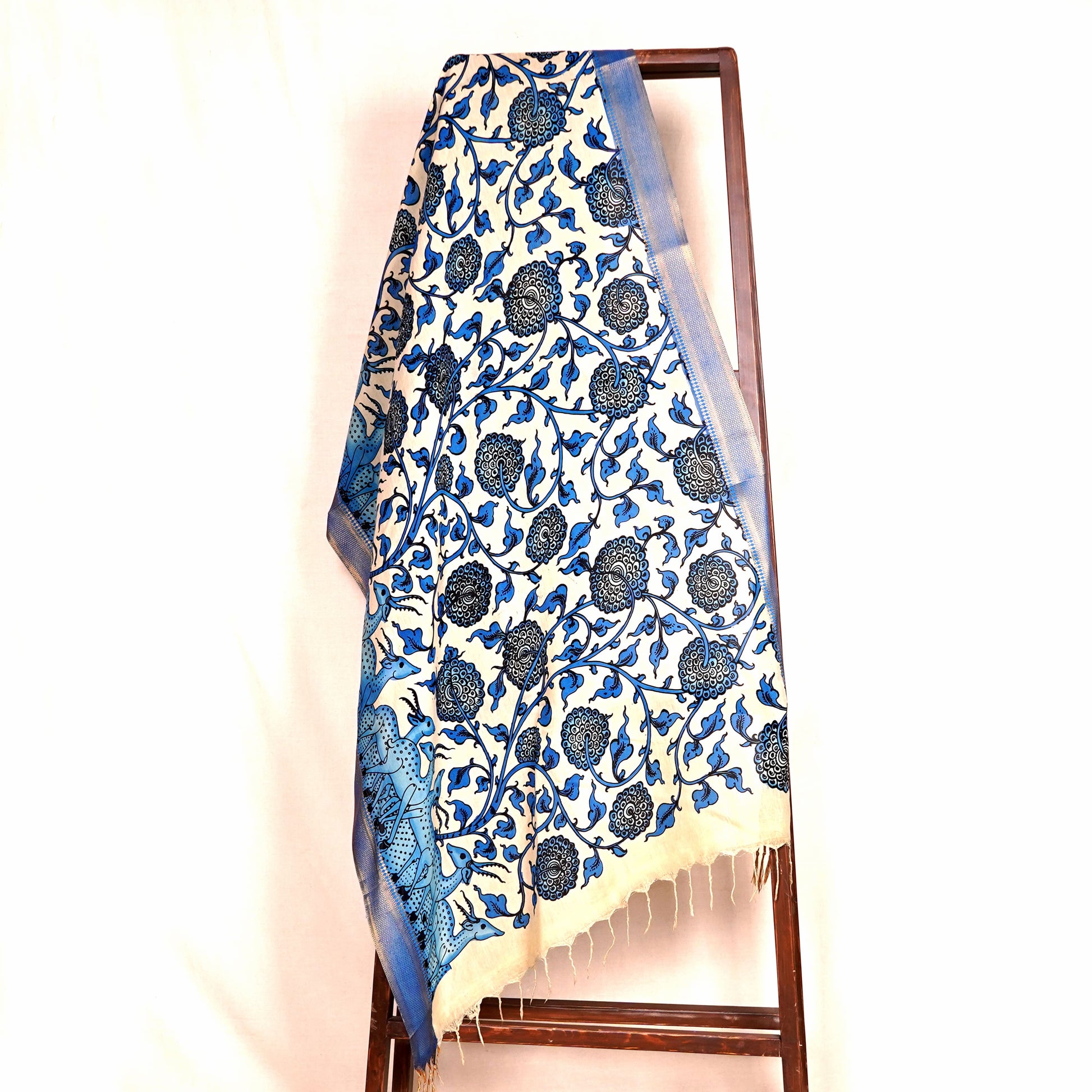 Blue Pen Kalamkari Cotton Silk Dupatta