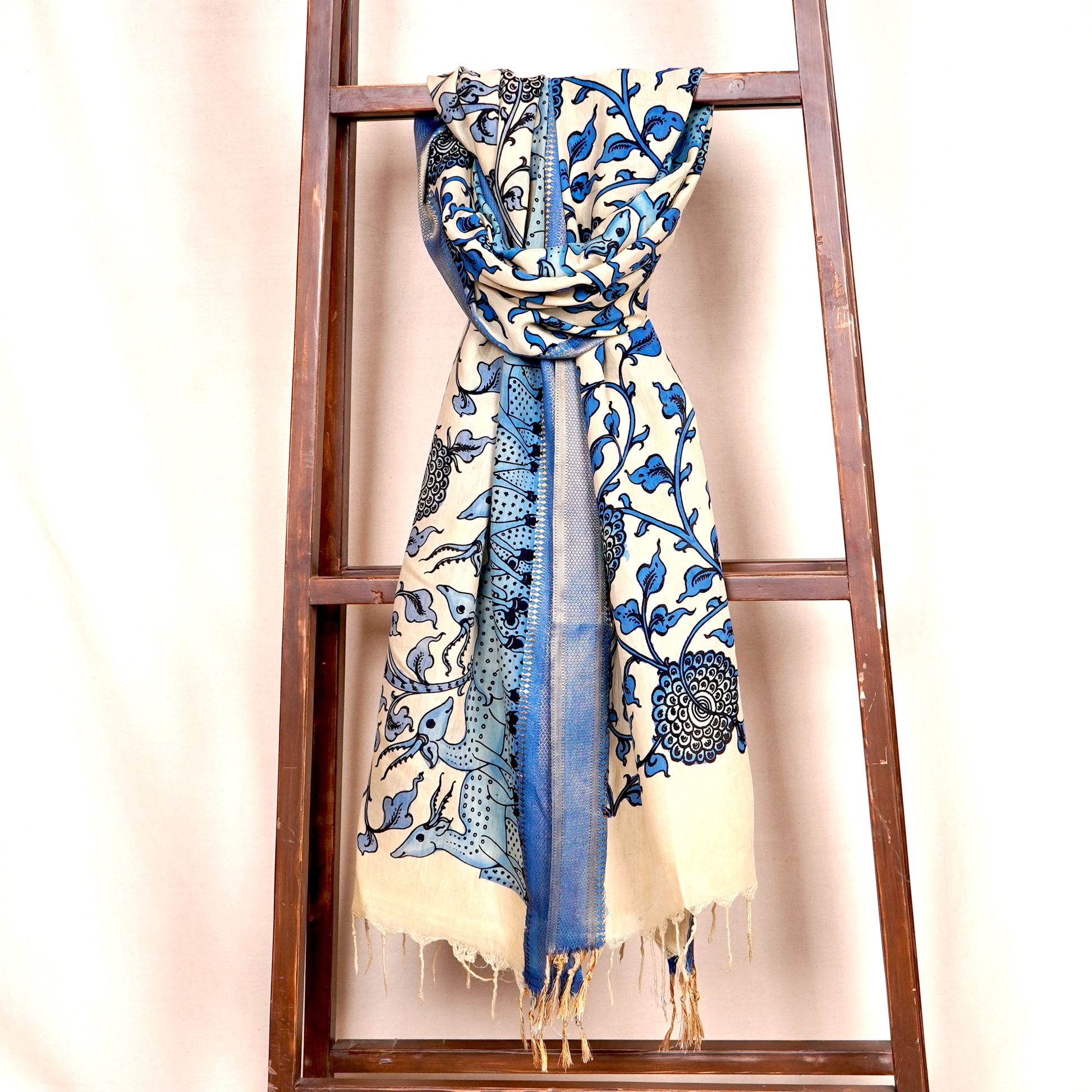 Blue Pen Kalamkari Cotton Silk Dupatta
