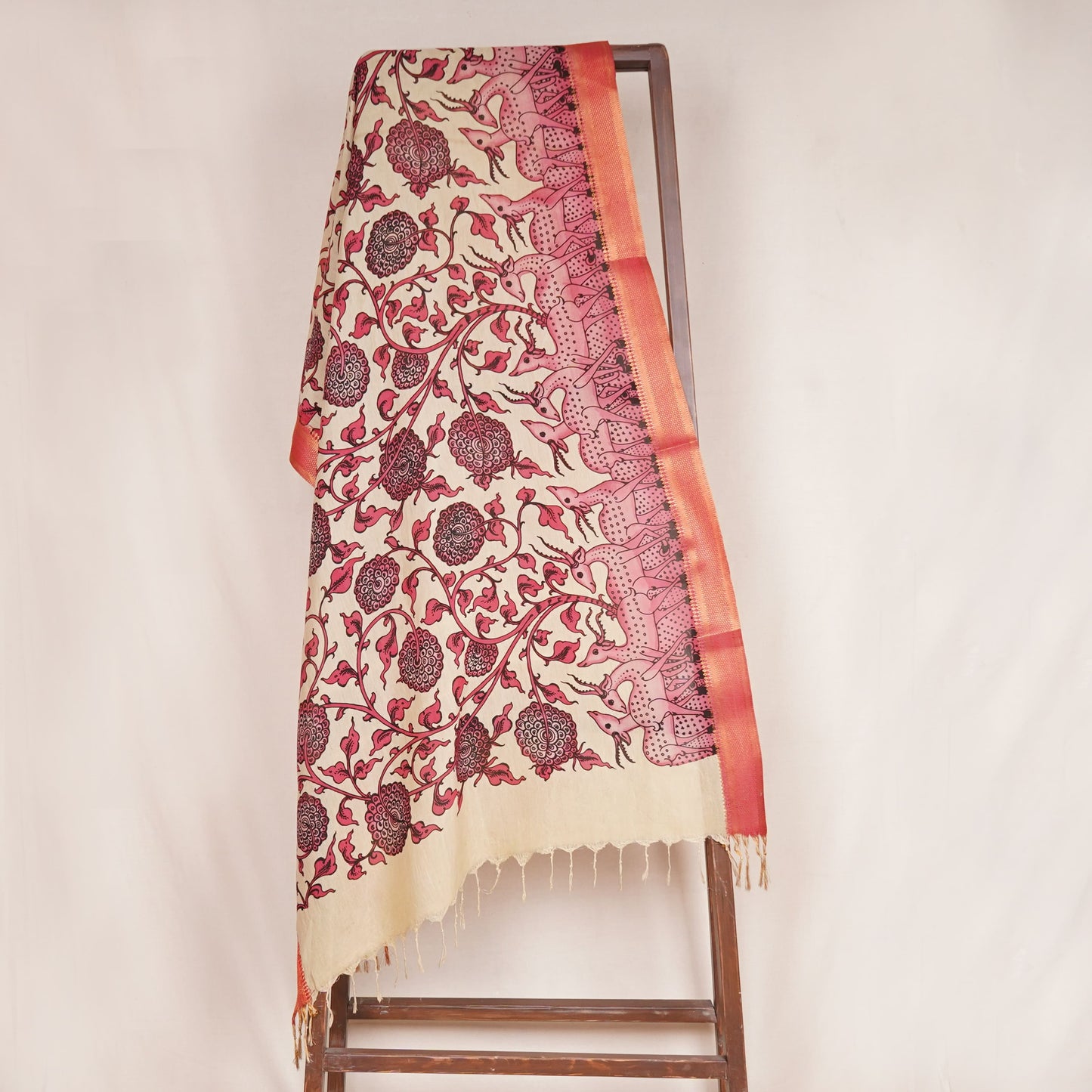 Beige & Pink Pen Kalamkari Cotton Silk Dupatta