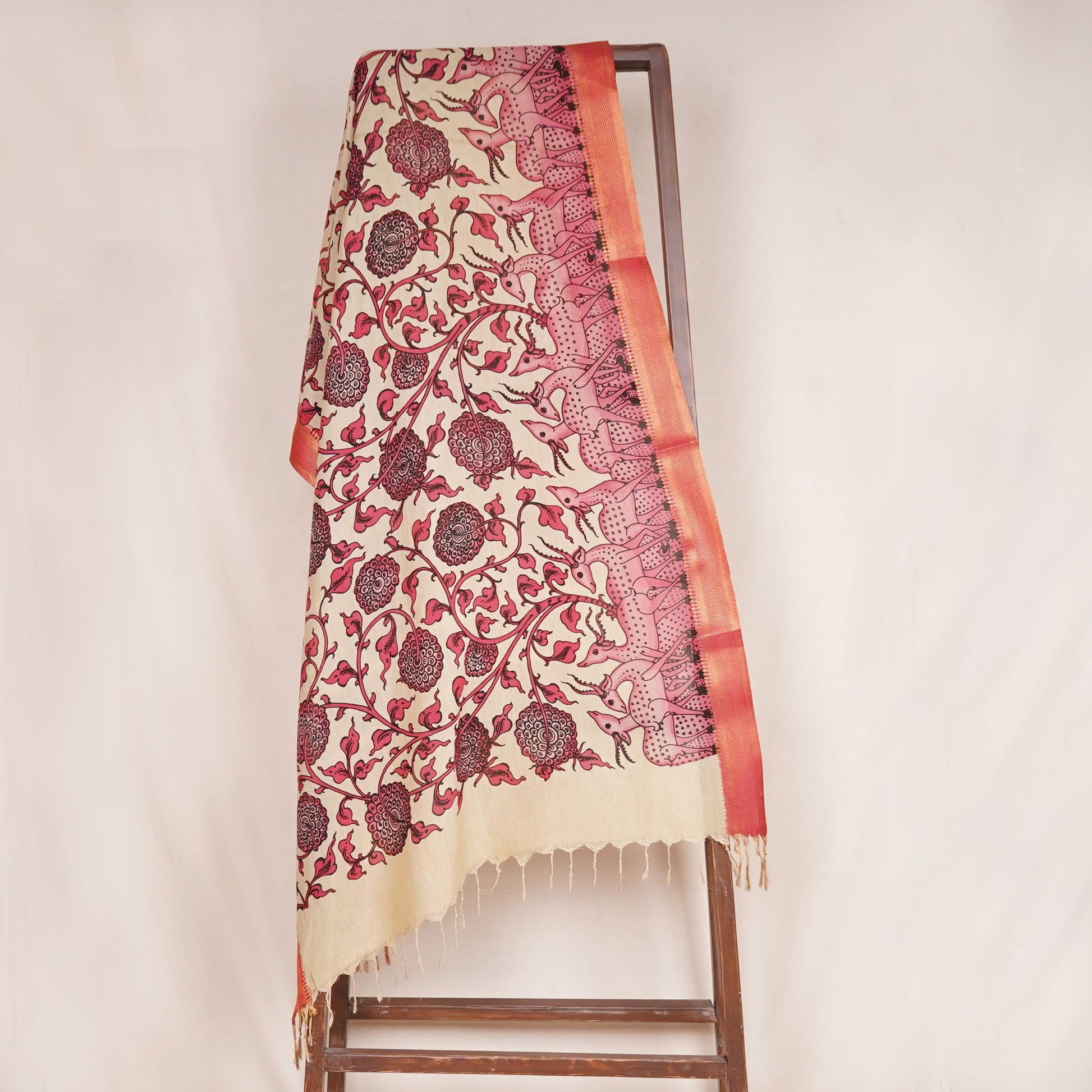 Beige & Pink Pen Kalamkari Cotton Silk Dupatta