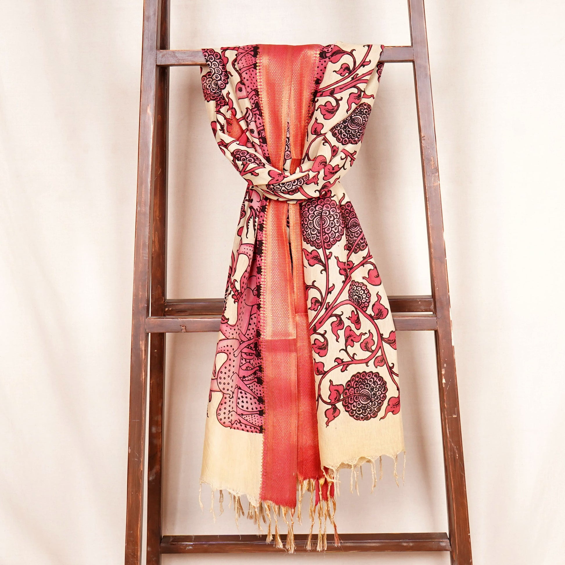 Beige & Pink Pen Kalamkari Cotton Silk Dupatta