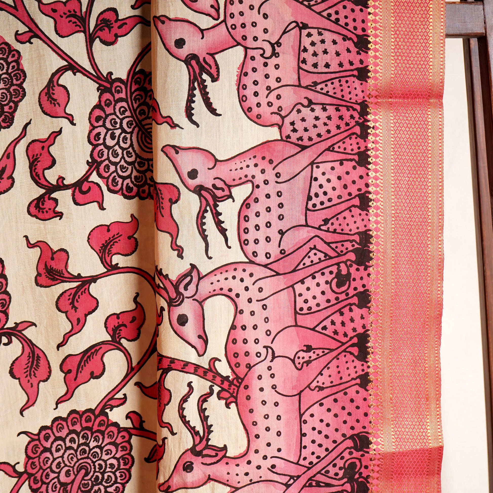 Beige & Pink Pen Kalamkari Cotton Silk Dupatta