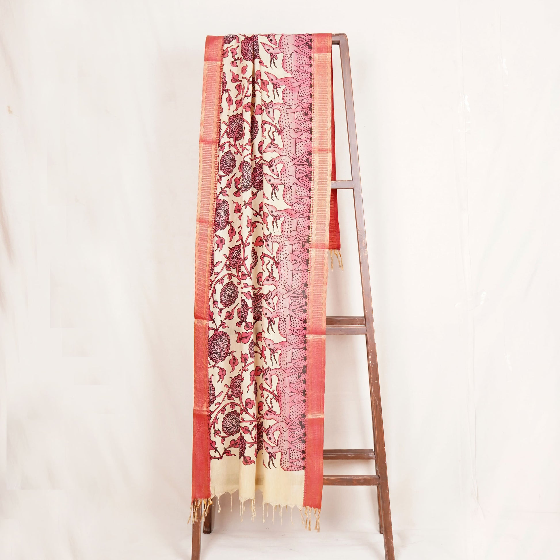 Beige & Pink Pen Kalamkari Cotton Silk Dupatta