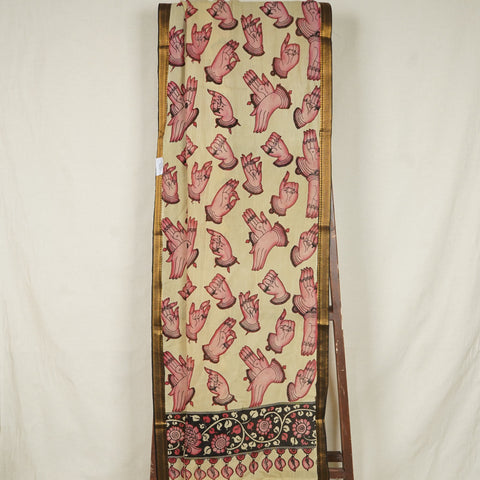 Beige & Pink Pen Kalamkari Cotton Silk Dupatta