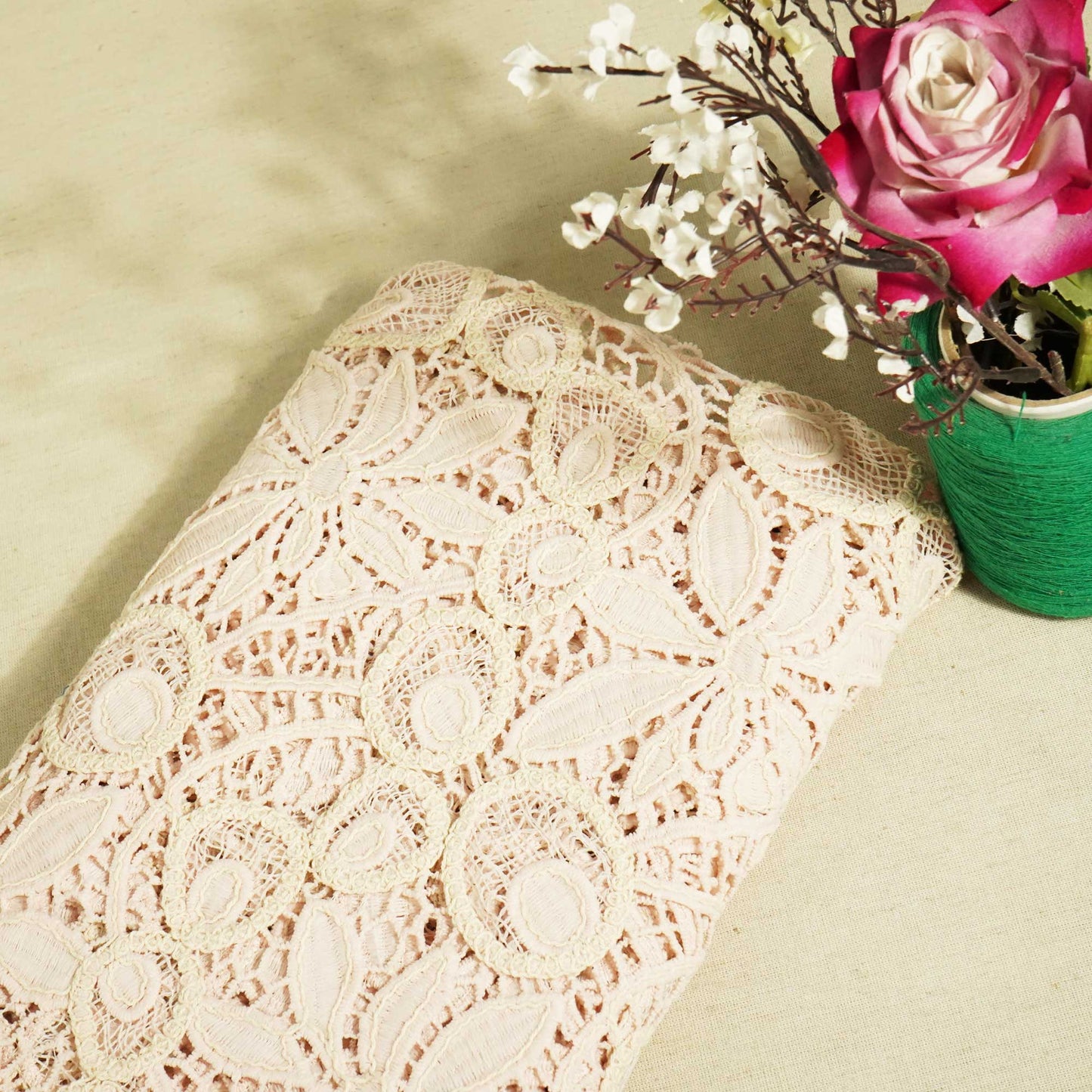 Peach Floral Cotton Crochet Fabric CF-22595