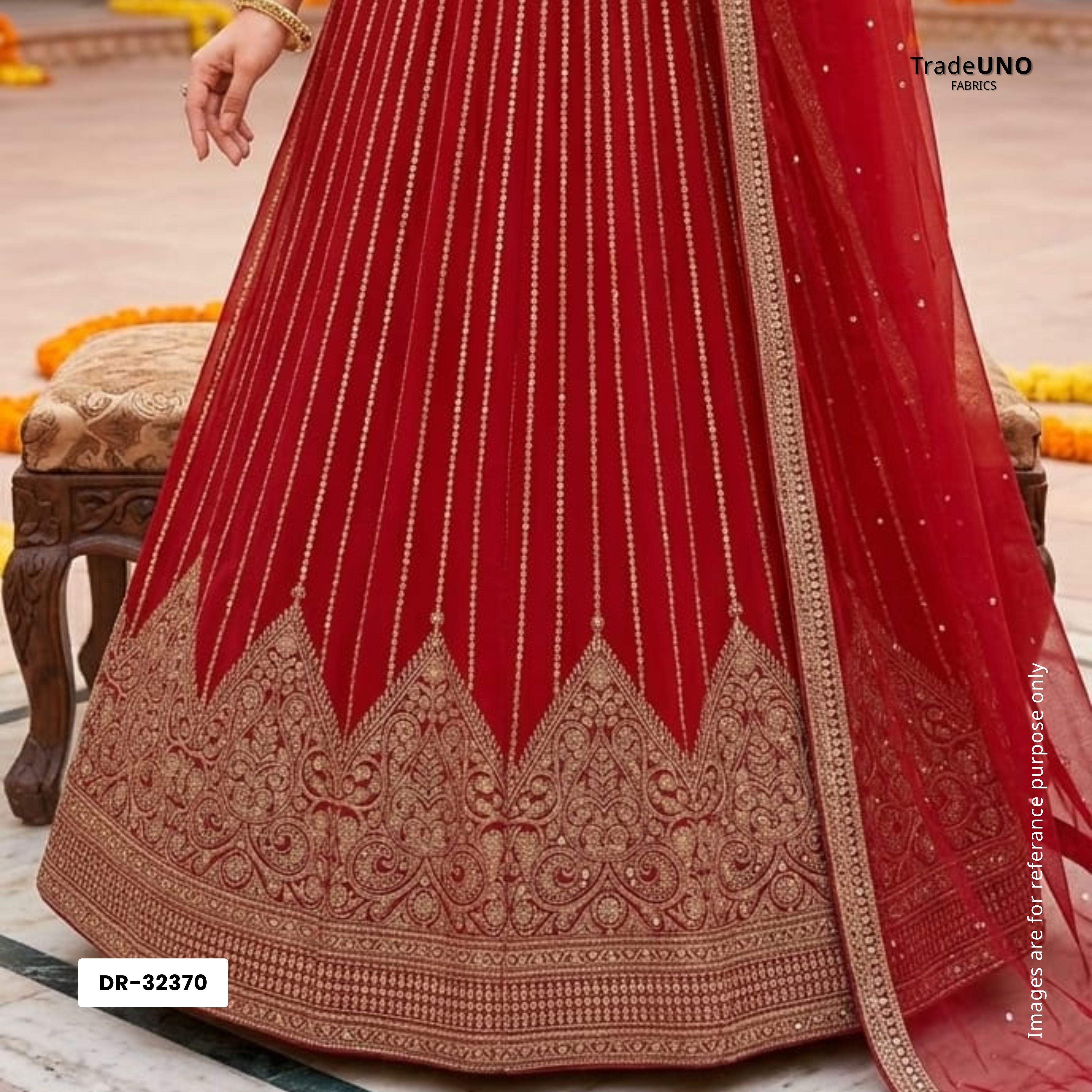 Red Zari Stripes With Sequins Embroidery Georgette Fabric DR-32370 - TradeUNO