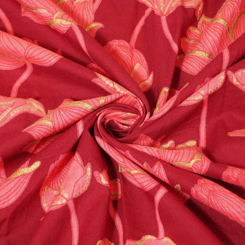 Maroon Floral Foil Cotton Print Fabric