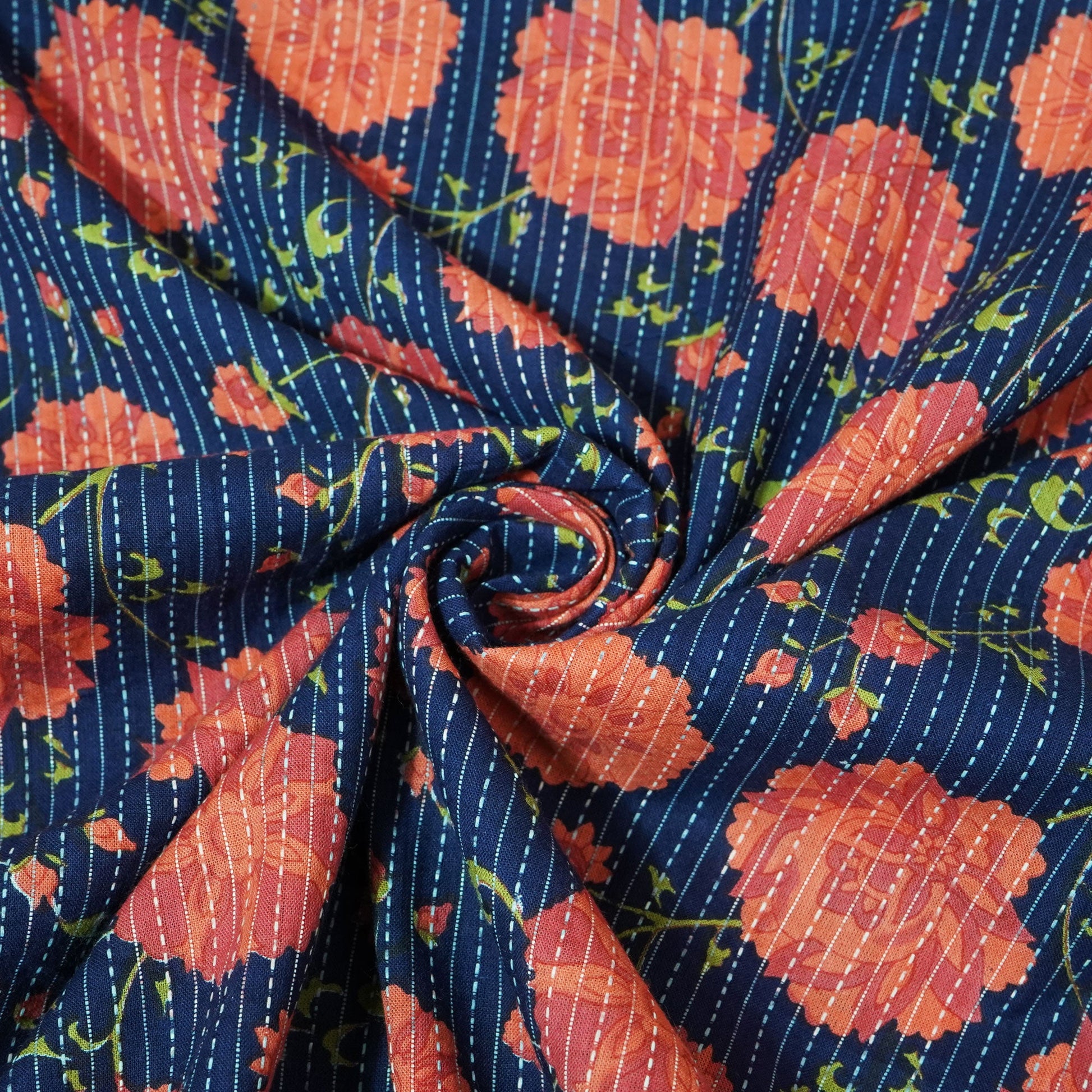 Blue & Pink Floral Print Cotton Katha Fabric CG-23459