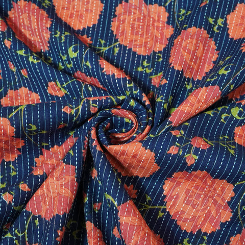 Blue & Pink Floral Print Cotton Katha Fabric CG-23459