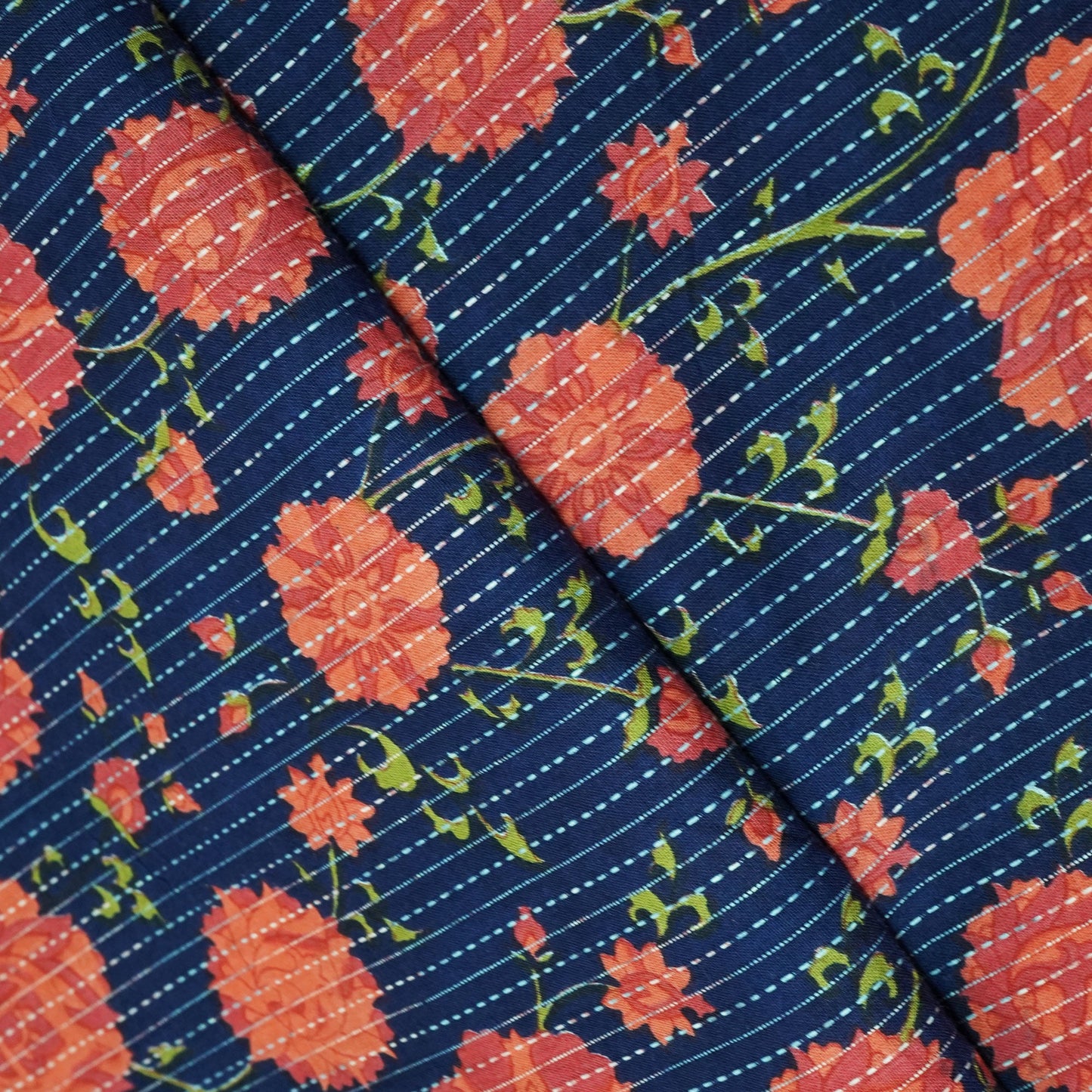 Blue & Pink Floral Print Cotton Katha Fabric CG-23459