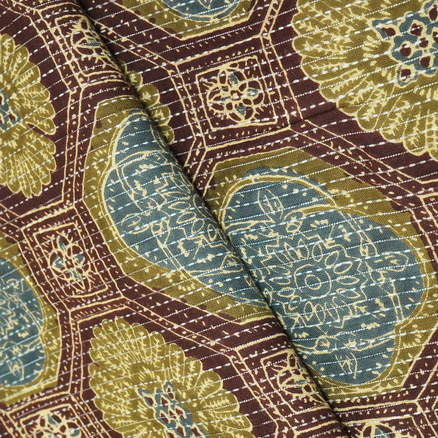 Brown Floral Print Cotton Katha Fabric CG-23461