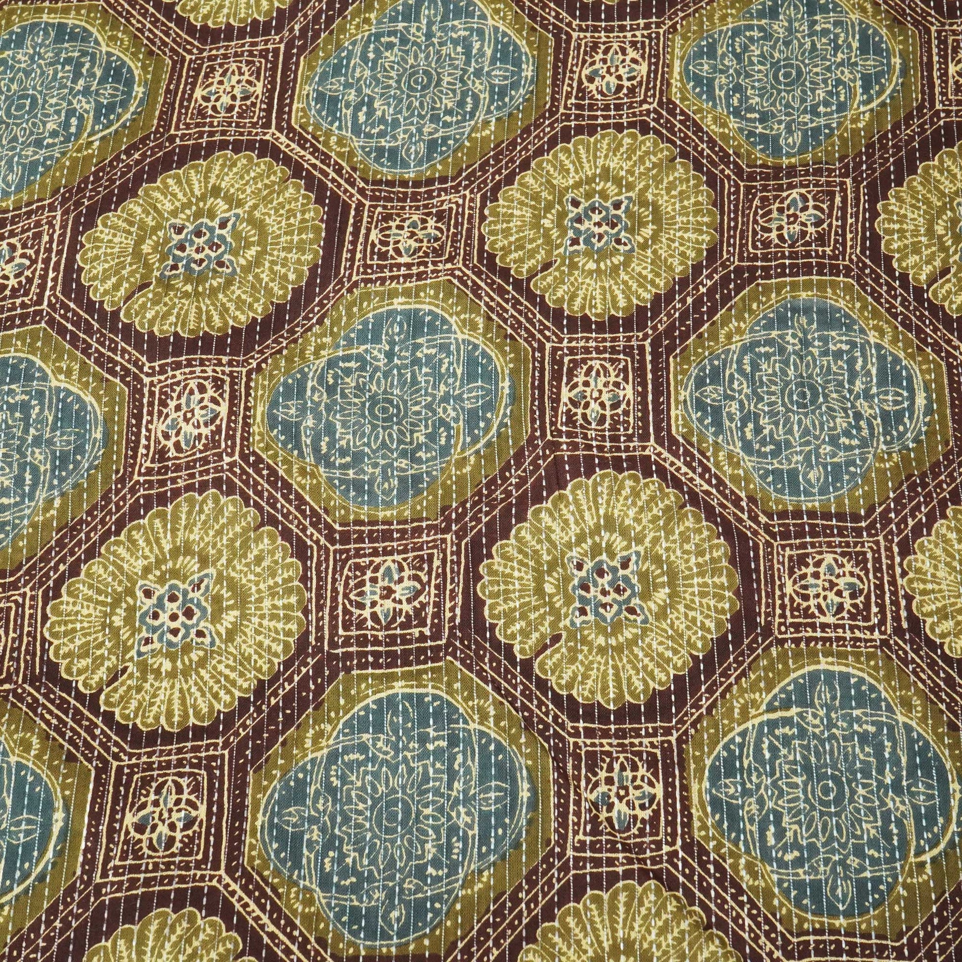 Brown Floral Print Cotton Katha Fabric CG-23461