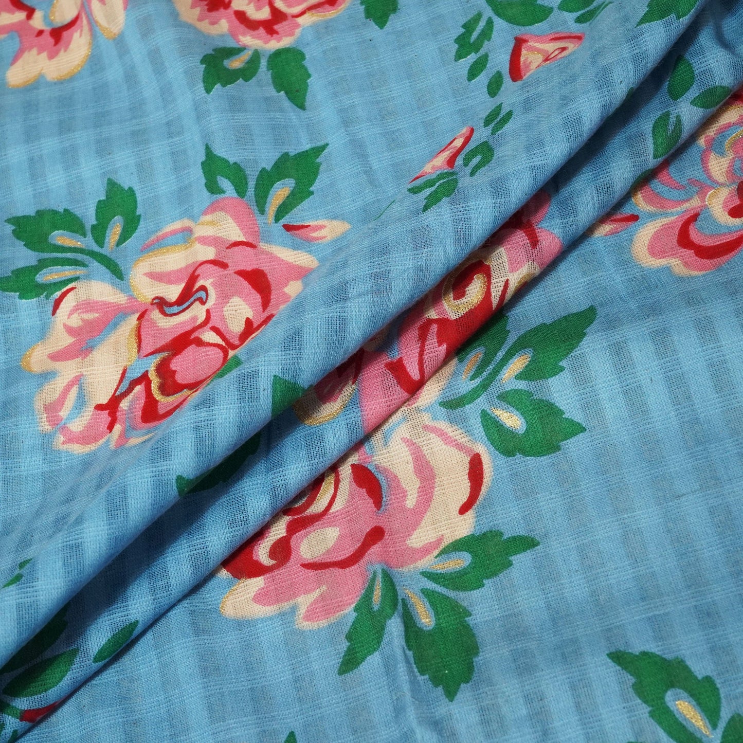 Blue Check Floral Gold Foil Cotton Flex Fabric CG-23468