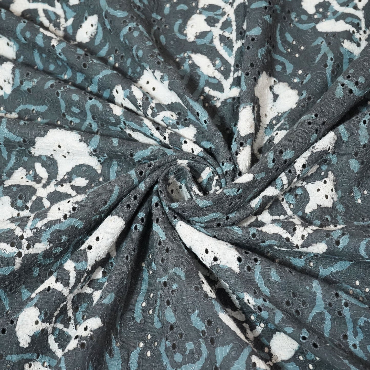 Grey Schiffli Handblock Cotton Fabric CG-23588