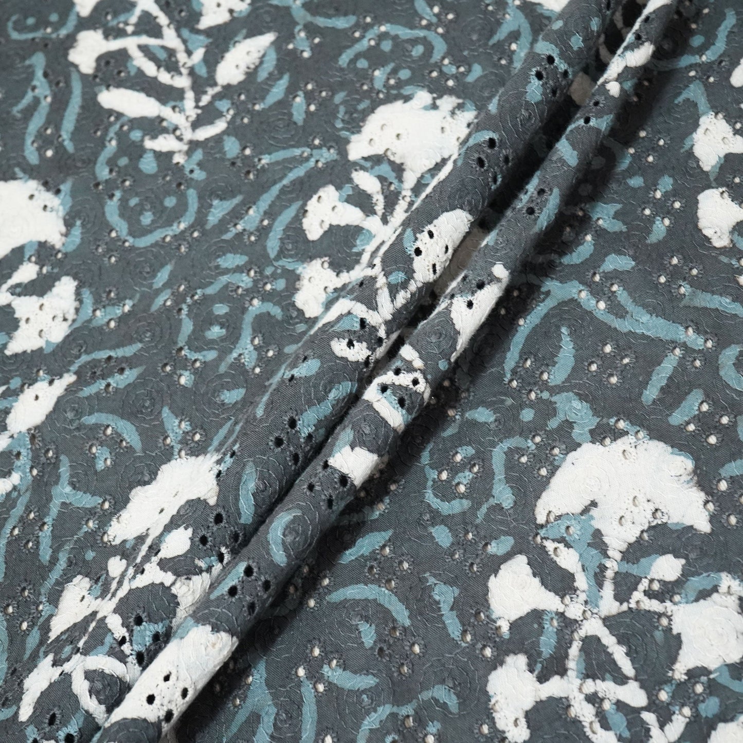 Grey Schiffli Handblock Cotton Fabric CG-23588