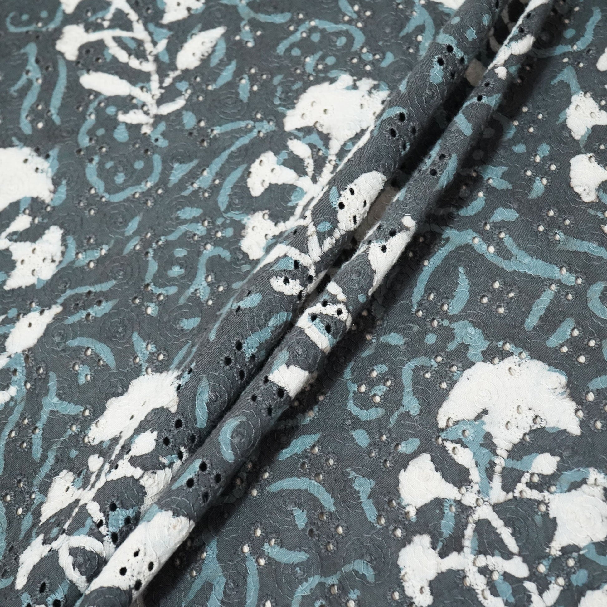 Grey Schiffli Handblock Cotton Fabric CG-23588