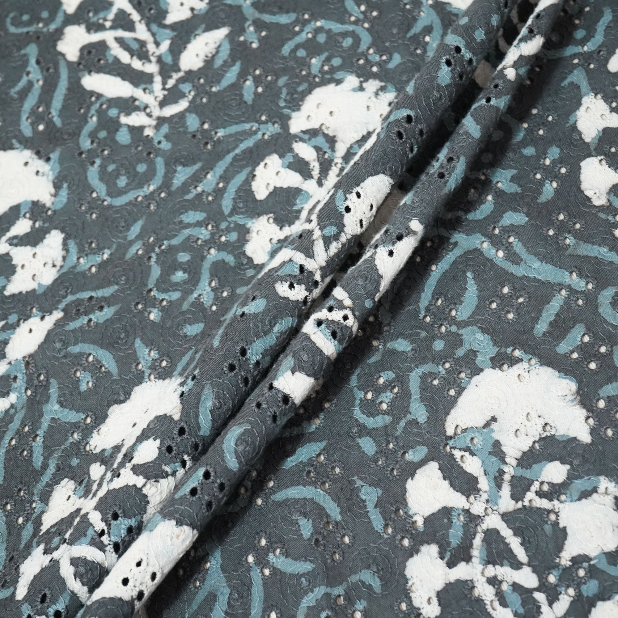 Grey Schiffli Handblock Cotton Fabric CG-23588