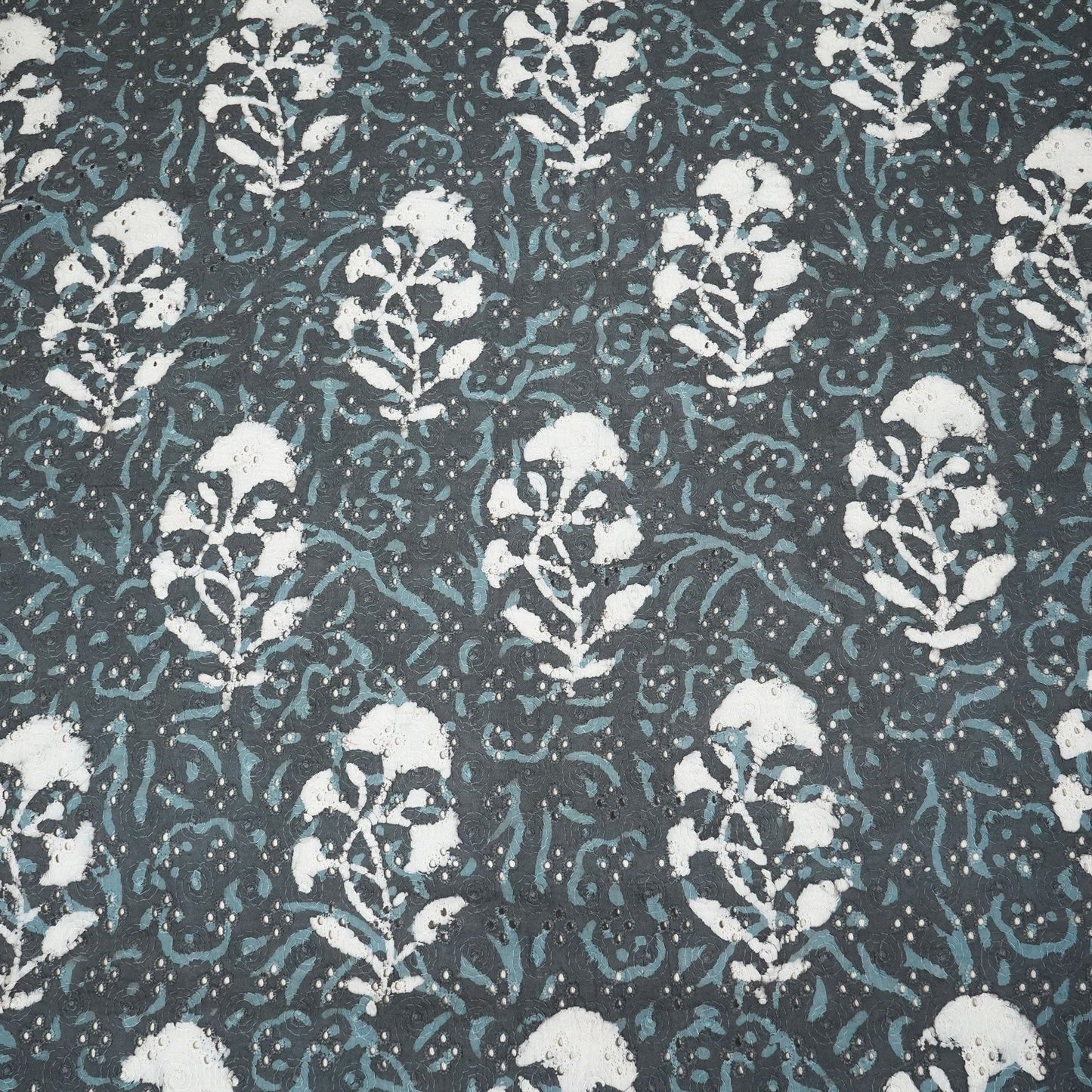 Grey Schiffli Handblock Cotton Fabric CG-23588