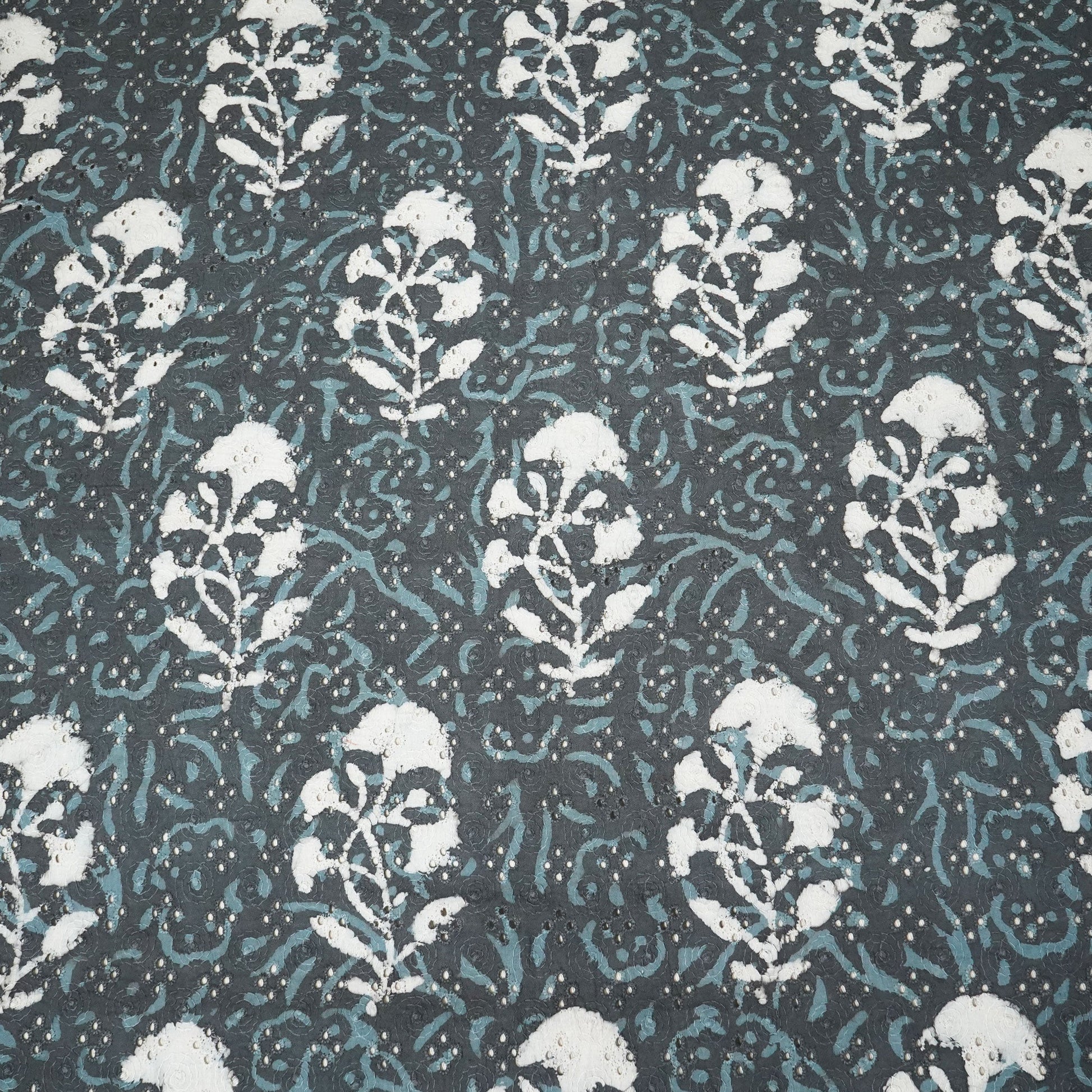 Grey Schiffli Handblock Cotton Fabric CG-23588