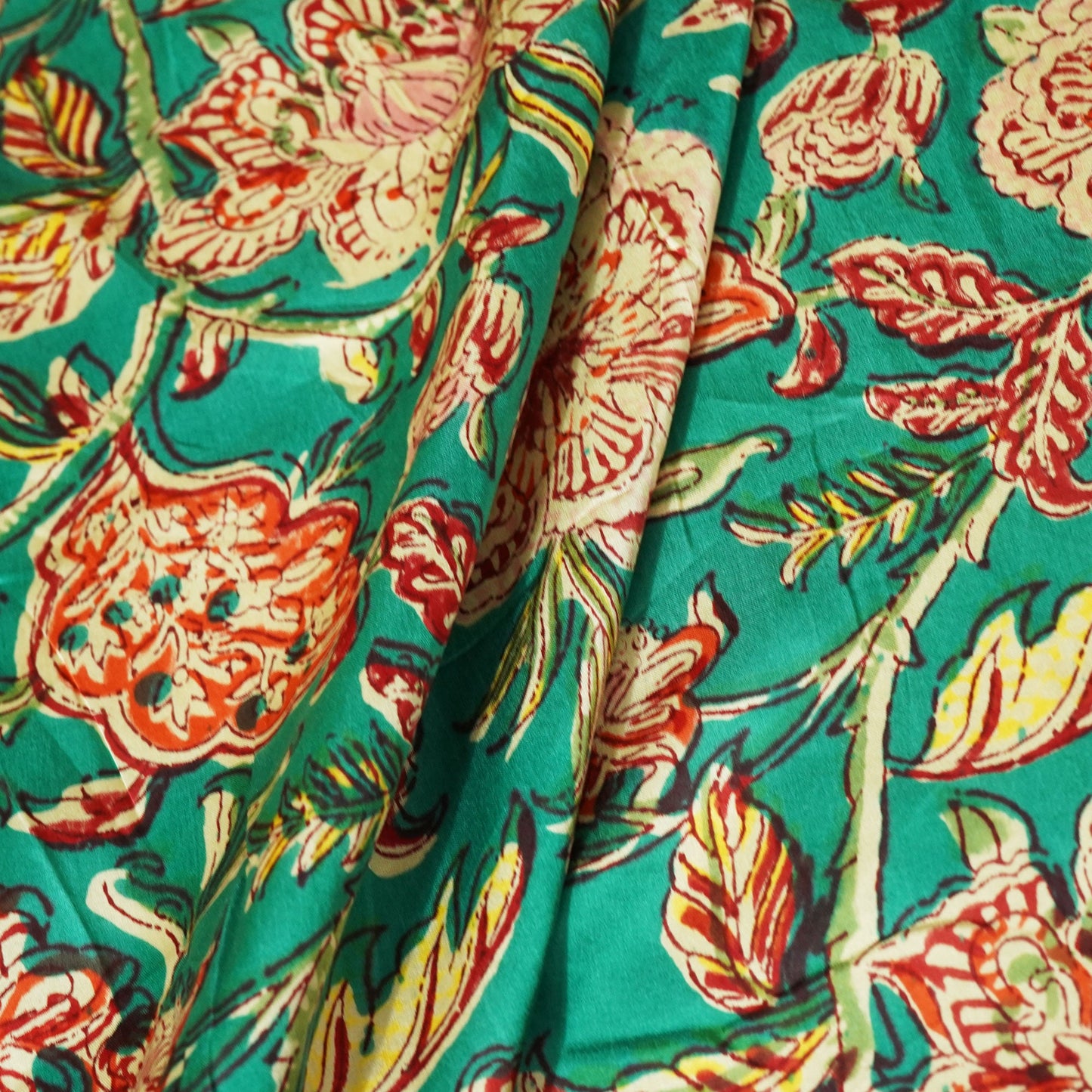 Green Kalamkari Modal Satin Fabric CG-23608