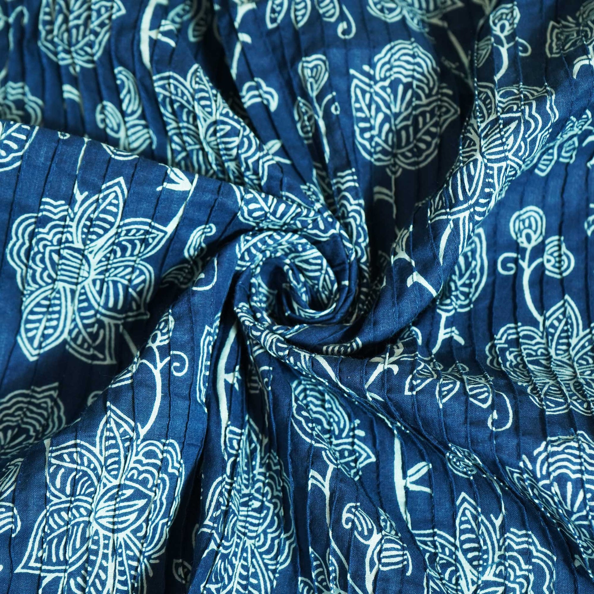 Blue Floral Print Pintuck Cotton Fabric MFL-23661