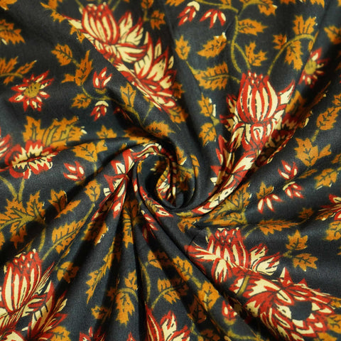 Black Floral Ajrakh Print Cotton Fabric MFL-23713