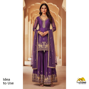 Purple Cutdana & Pearl Zari Embroidery Tissue Fabric AF-23744 - TradeUNO