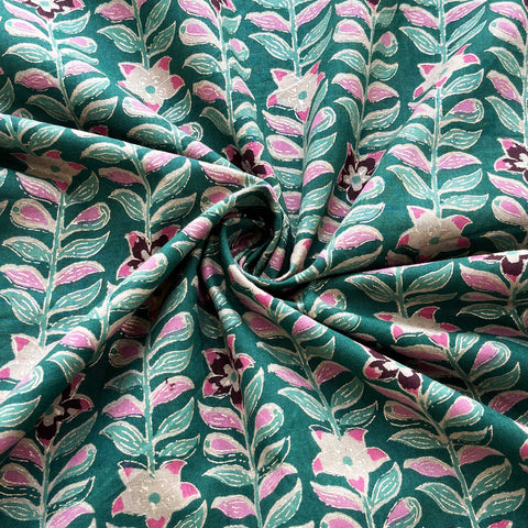 Green Floral Foil Print Cotton Fabric PB-23758