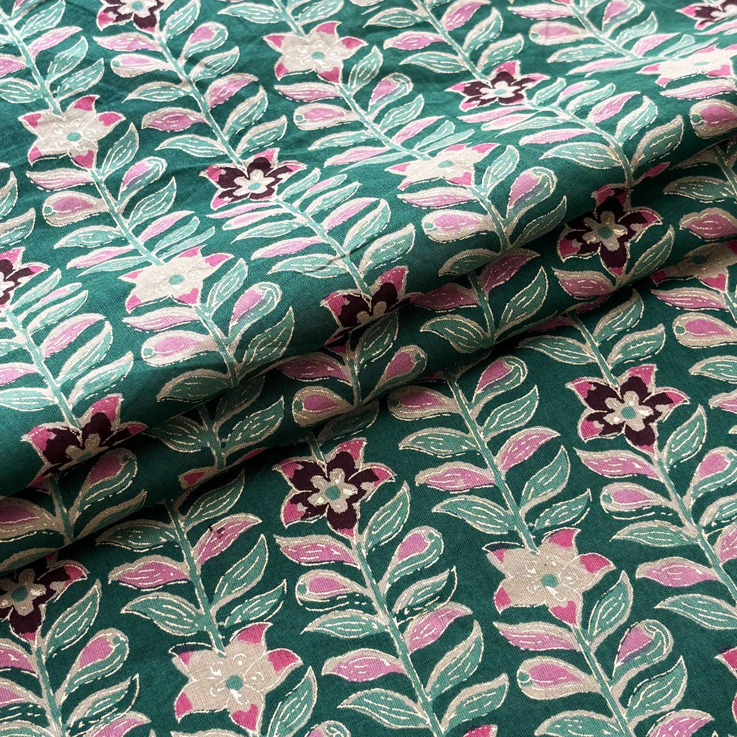 Green Floral Foil Print Cotton Fabric PB-23758