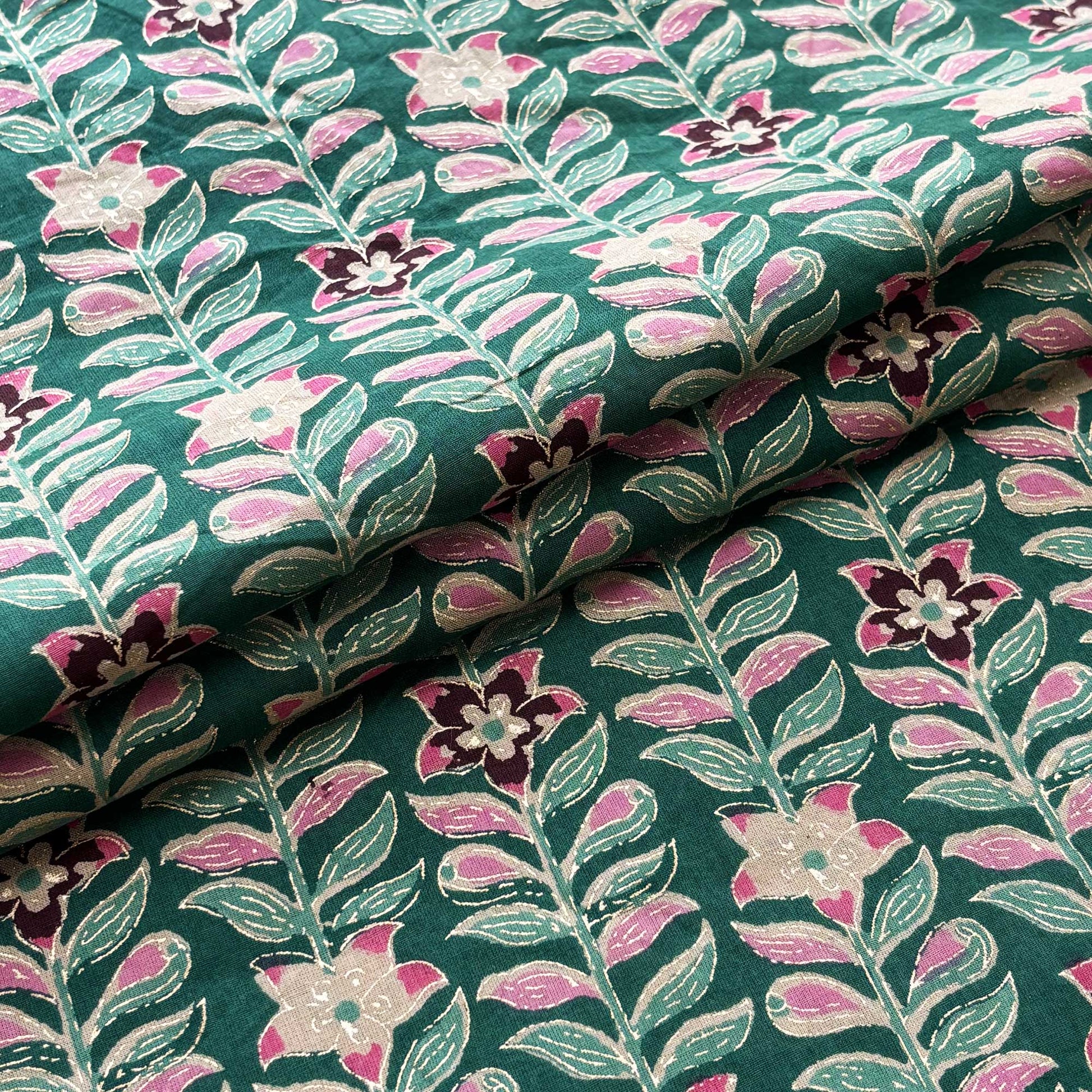 Green Floral Foil Print Cotton Fabric PB-23758