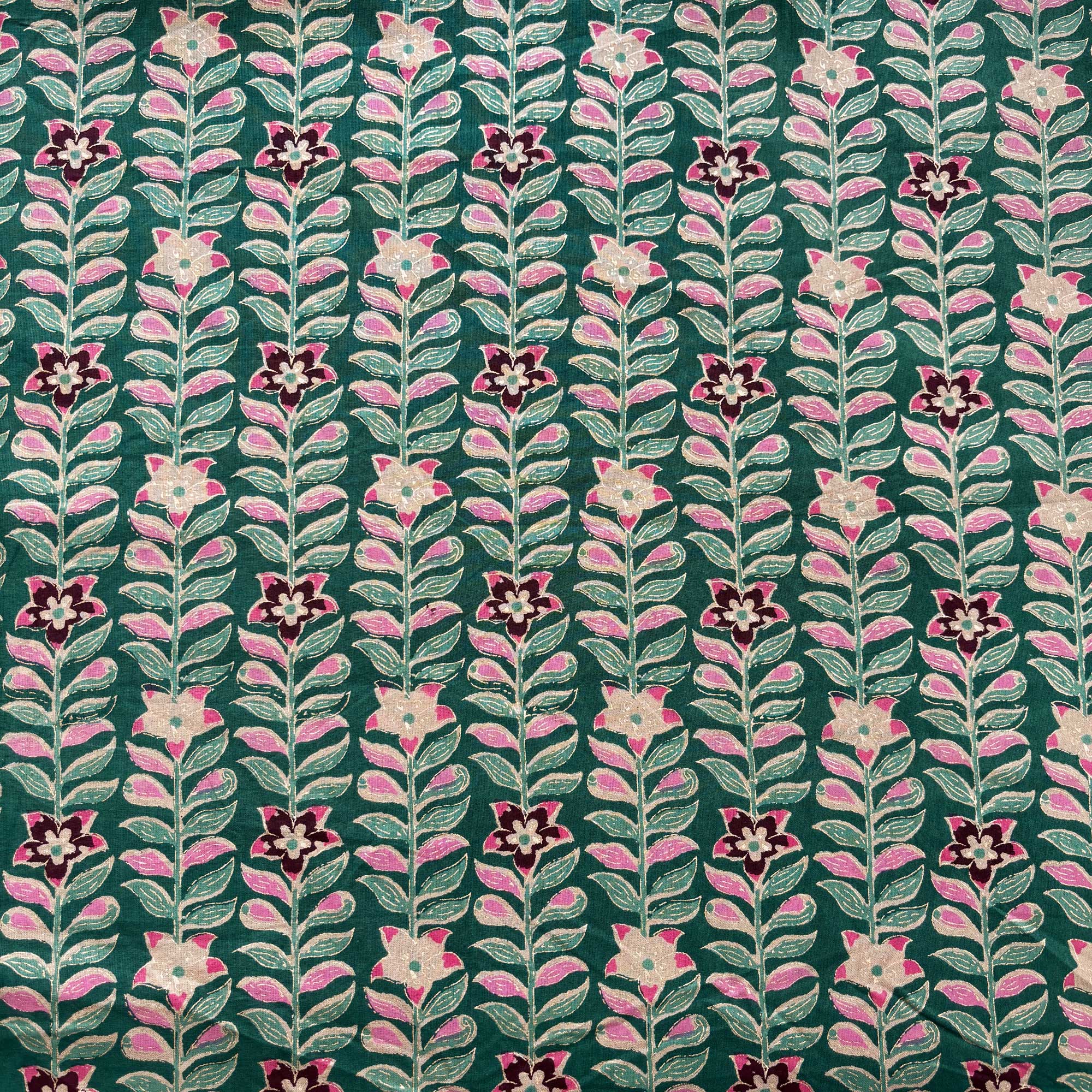 Green Floral Foil Print Cotton Fabric PB-23758