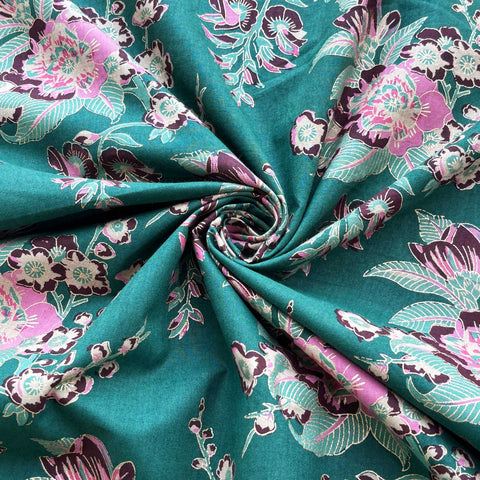 Green Floral Foil Print Cotton Fabric PB-23759
