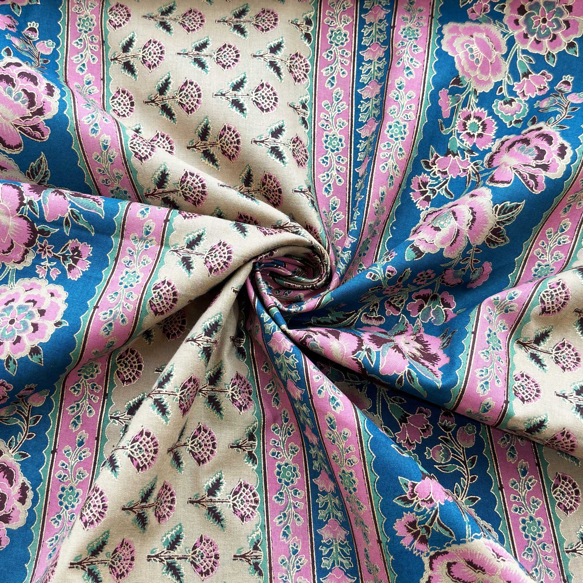 Blue Floral Foil Print Cotton Fabric PB-23765