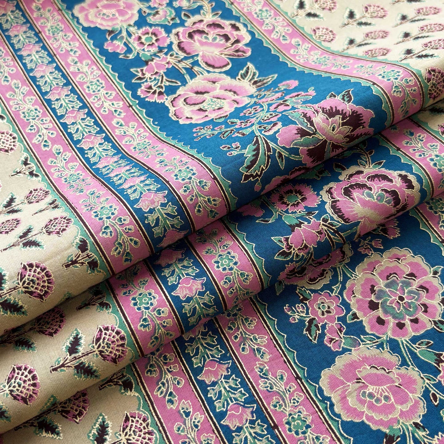 Blue Floral Foil Print Cotton Fabric PB-23765