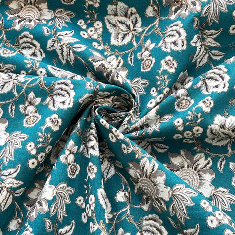 Green Floral Foil Print Cotton Fabric PB-23771
