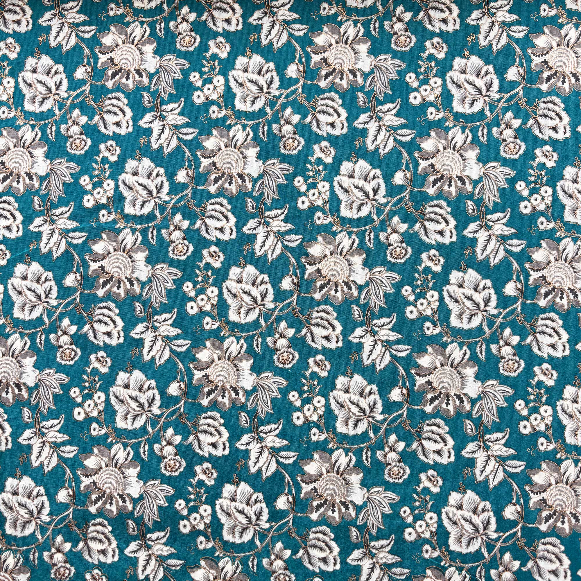 Green Floral Foil Print Cotton Fabric PB-23771
