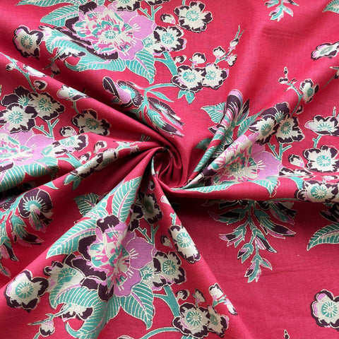 Red Floral Foil Print Cotton Fabric PB-23773