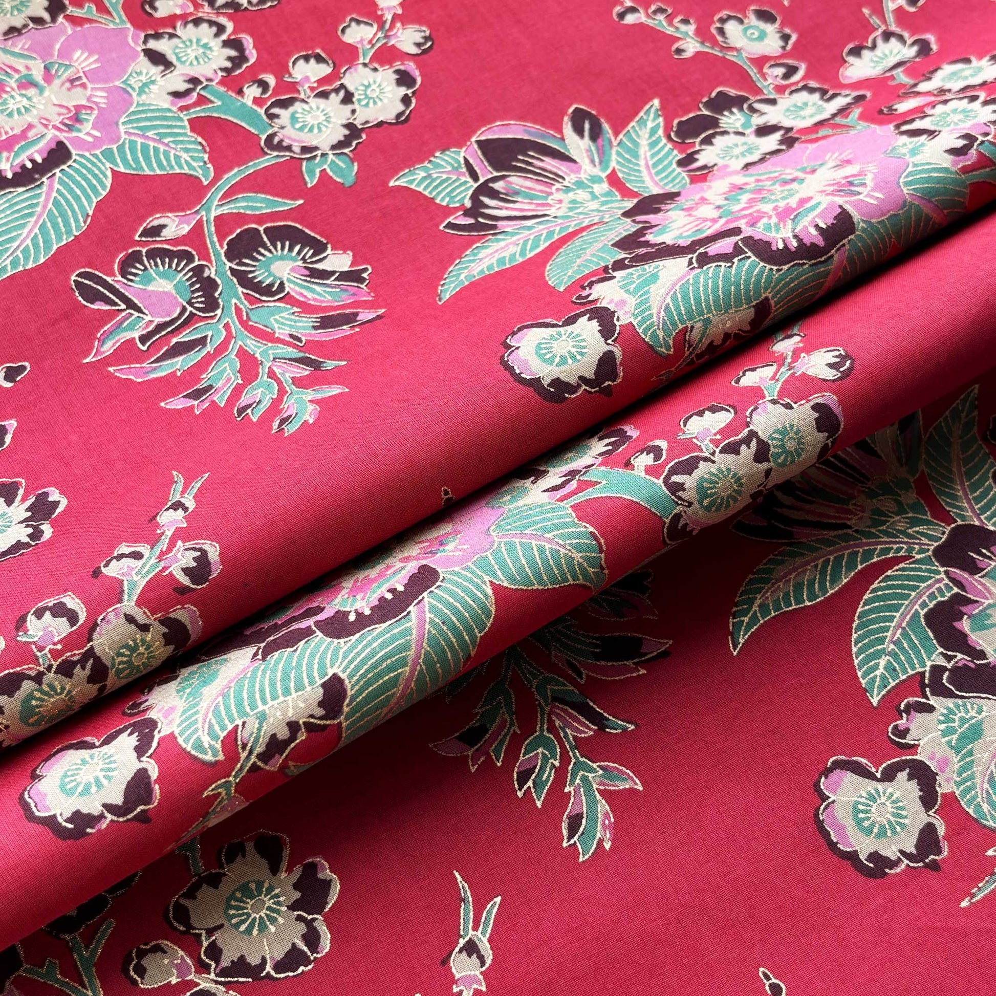Red Floral Foil Print Cotton Fabric PB-23773