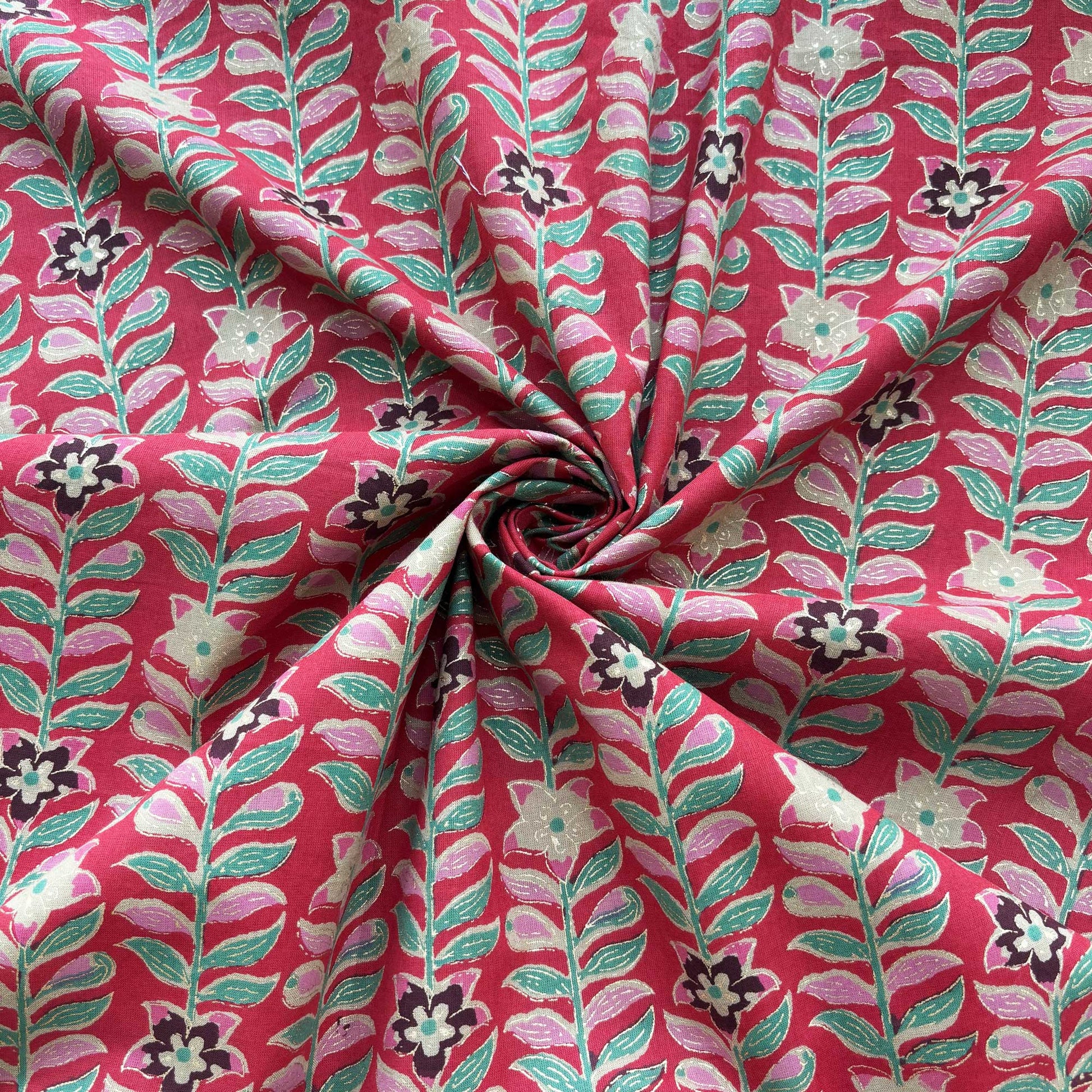 Red Floral Foil Print Cotton Fabric PB-23781